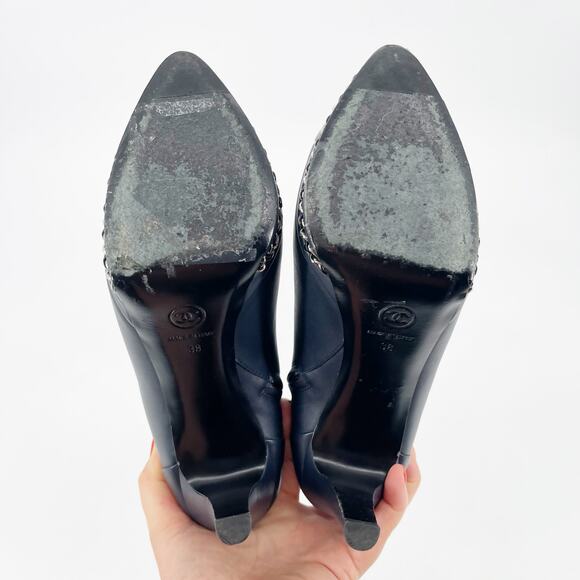 Chanel EU 38 Navy Leather Ankle Boots Patent Cap Toe Chain Platform Booties - Picture 11 of 14